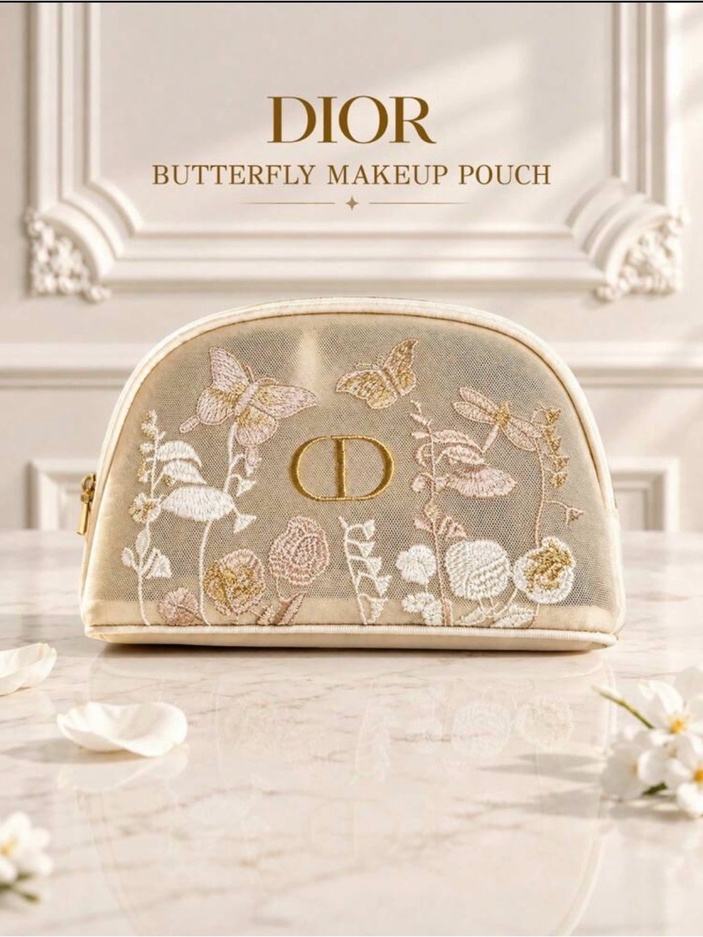 Dior Butterfly Embroidered Makeup Pouch in Cream and Gold